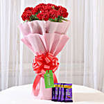 12 Beautiful Red Carnations & Dairy Milk Chocolate