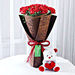 12 Red Carnations Bouquet & Teddy Bear Combo