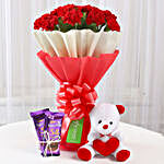 12 Red Carnations with Dairy Milk Silk & Teddy Bear
