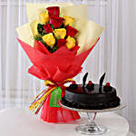 Red & Yellow Roses with Truffle Cake