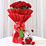 Teddy Bear & 20 Red Carnations Bouquet Combo