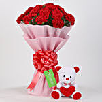 Teddy Bear & 20 Red Carnations Combo