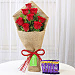 8 Red Roses Bouquet & Dairy Milk Chocolates
