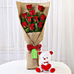 10 Red Roses Bouquet & Teddy Bear