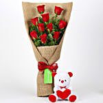 10 Red Roses Bouquet & Teddy Bear