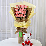 20 Pink Roses Bouquet & Teddy Bear Combo