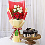 Choco Cream Cake & Red & White Roses Bouquet