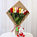Mix Roses Bouquet & Teddy Bear Combo