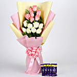 Pink & White Roses & Dairy Milk Combo