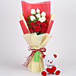 Red & White Roses Bouquet with Teddy Bear