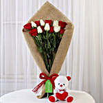 Red & White Roses with Teddy Bear