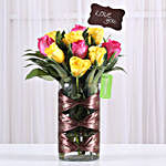Dark Pink & Yellow Roses in Glass Vase