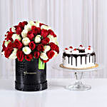 80 Red & White Roses Box with Black Forest Cake