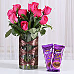 Pink Rose Vase & Dairy Milk Silk Combo