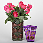 Pink Rose Vase & Dairy Milk Silk Combo