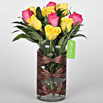 Pink & Yellow Roses Vase with Teddy Bear Combo