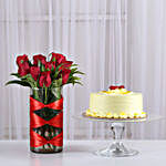 Red Roses Vase & Butterscotch Cake Combo