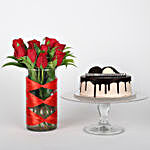 Red Roses Vase & Chocolate Cake Combo