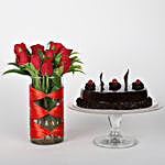Red Roses Vase & Truffle Cake Combo