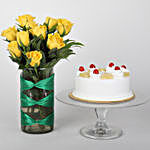 Yellow Roses Vase & Pineapple Cake Combo