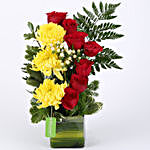 Red Roses & Yellow Disbuds in Glass Vase