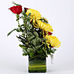 Red Roses & Yellow Disbuds in Glass Vase
