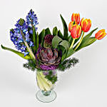 Tulips Blue Hyacinths in Glass Vase