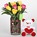 Pink & Yellow Roses Vase with Teddy Bear Combo
