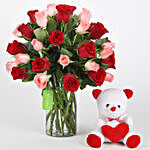 Red & Pink Roses With Teddy Bear