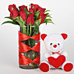 Red Roses Vase & Teddy Bear Combo