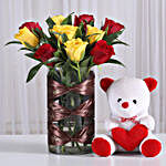 Red & Yellow Roses Vase with Teddy Bear Combo
