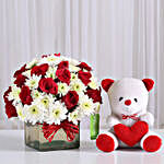 Roses & Daisies Vase with Teddy Bear Combo