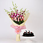 Truffle Cake With Orchids & Roses Bunch