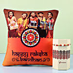Gold Thread Rakhi & Personalised Cushion Combo