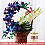 Basket Of Orchids & Lilies With Meenakari Rakhi