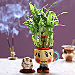 White Ganesha Idol & 2 Layer Lucky Bamboo Plant