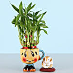 White Ganesha Idol & 2 Layer Lucky Bamboo Plant