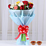 Colourful Mixed Roses Bouquet & Diyas