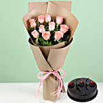 Elegant Pink Roses With Chocolate Truffle Cake