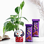 Money Plant in Girl Resin Pot & Cadbury Chocolates