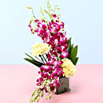 Yellow Carnations & Orchids In Vase