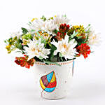 Hand Painted Pot Of Artificial Flowers