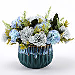 Light Blue Artificial Carnations In Green Pot