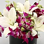 Gorgeous Purple Orchids & White Lilies Box Arrangement