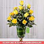 Yellow Roses & White Limoniums in Glass Vase
