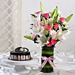 Premium Mixed Flowers Vase With Chocolate Cake
