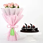 Chocolate Truffle Cake and Pink Roses Bouquet