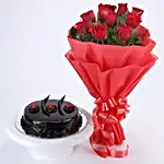 Eggless Truffle Cake and Red Roses Bouquet
