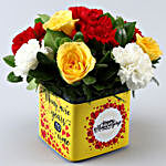 Mixed Carnations & Yellow Roses In Anniversary Vase