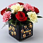 Carnations & Roses In Black Happy B'day Vase